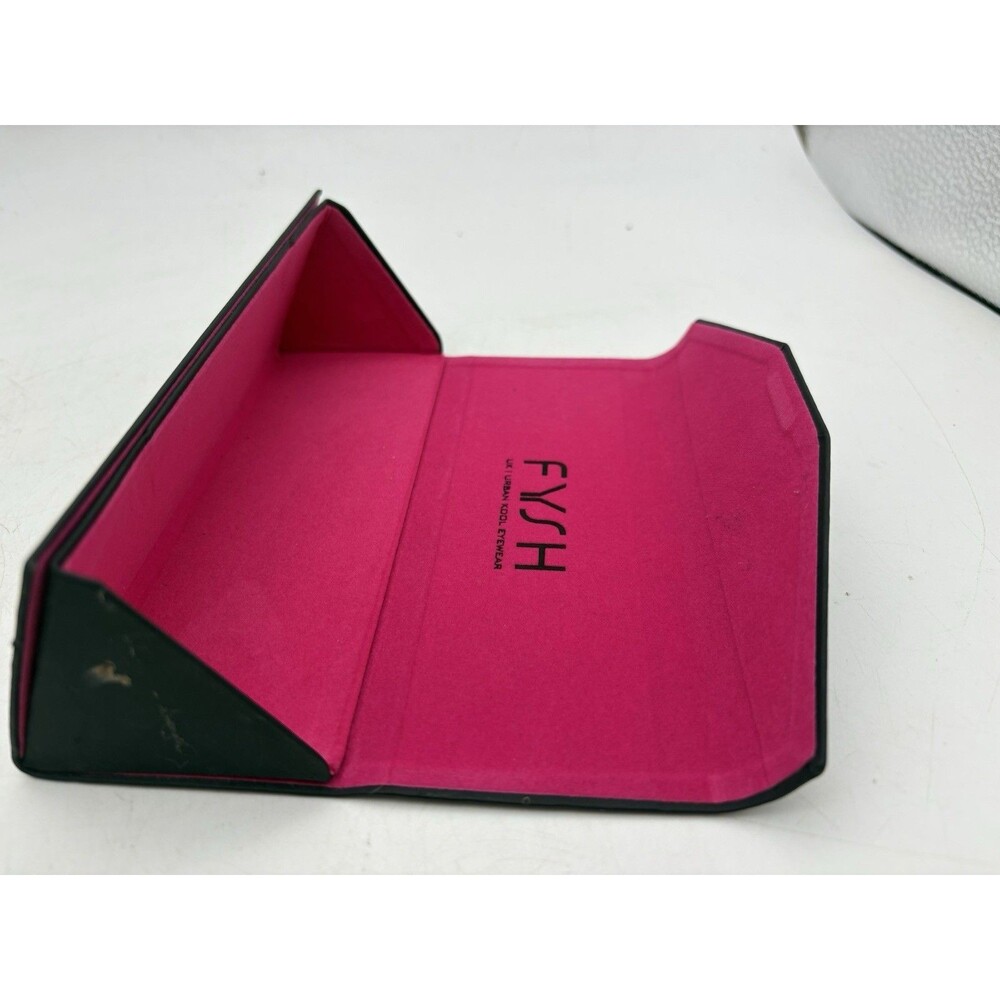 FYSH Eyeglass Case Black Fold Flat Hard Shell Pink Lined Pattern